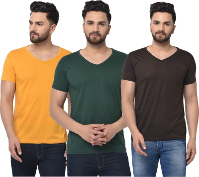 Jaskart Solid Men V Neck Dark Green, Brown, Yellow T-Shirt