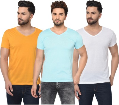 Jaskart Solid Men V Neck Light Blue, White, Yellow T-Shirt