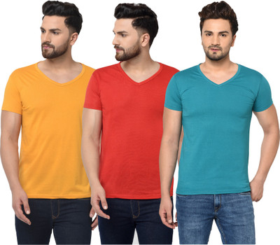 Adorbs Solid Men V Neck Light Blue, Red, Yellow T-Shirt