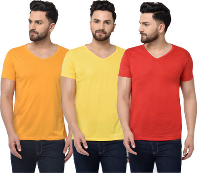 Jangoboy Solid Men V Neck Red, Orange, Yellow T-Shirt