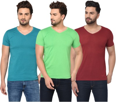 Bribzy Solid Men V Neck Green, Maroon, Blue T-Shirt