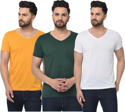 Bribzy Solid Men V Neck Dark Green, White, Orange T-Shirt