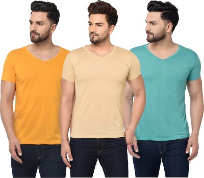 Unite Wear Solid Men V Neck Light Blue, Beige, Yellow T-Shirt