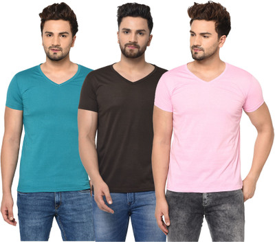 Jangoboy Solid Men V Neck Brown, Blue, Pink T-Shirt