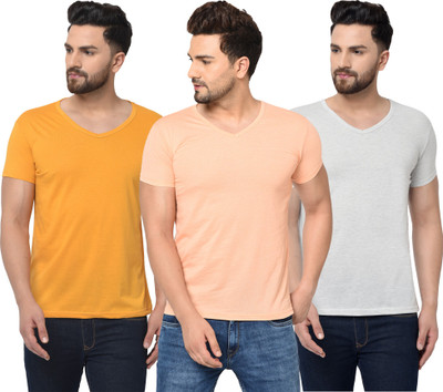 Jaskart Solid Men V Neck Grey, Beige, Yellow T-Shirt