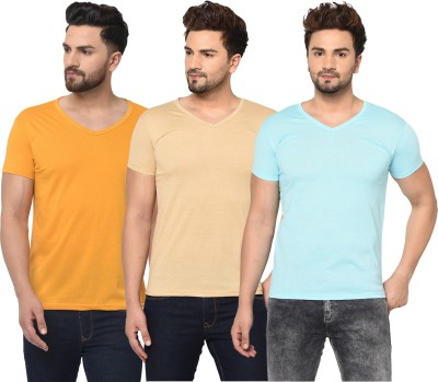 Adorbs Solid Men V Neck Light Blue, Beige, Yellow T-Shirt