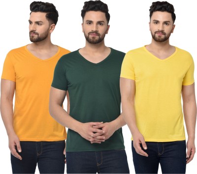 Jaskart Solid Men V Neck Dark Green, Orange, Yellow T-Shirt