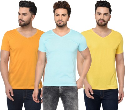 Adorbs Solid Men V Neck Blue, Yellow T-Shirt