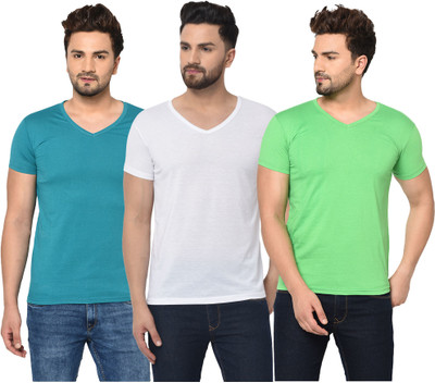 Bribzy Solid Men V Neck Light Blue, White, Light Green T-Shirt