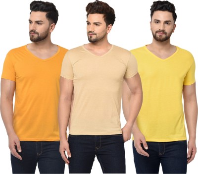 Bribzy Solid Men V Neck Orange, Beige, Yellow T-Shirt