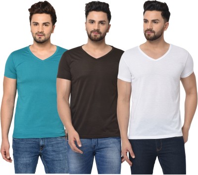 Bribzy Solid Men V Neck White, Blue, Brown T-Shirt