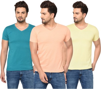 Bribzy Solid Men V Neck Blue, Orange, Yellow T-Shirt