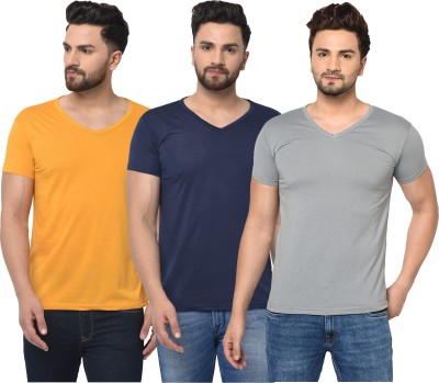 Jaskart Solid Men V Neck Blue, Grey, Yellow T-Shirt