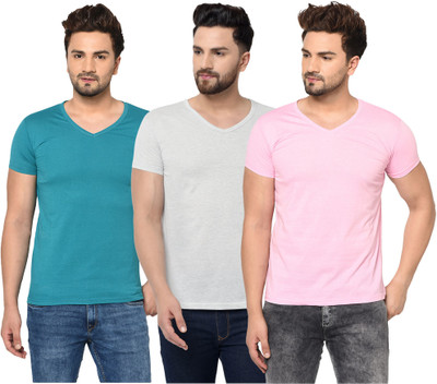 Jangoboy Solid Men V Neck Blue, Pink, Grey T-Shirt