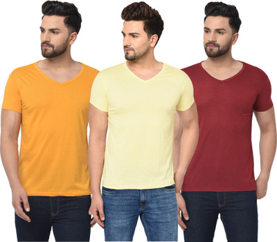 Jangoboy Solid Men V Neck Maroon, Yellow T-Shirt