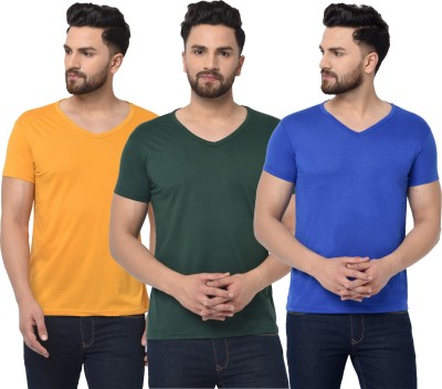 Bribzy Solid Men V Neck Dark Green, Blue, Yellow T-Shirt