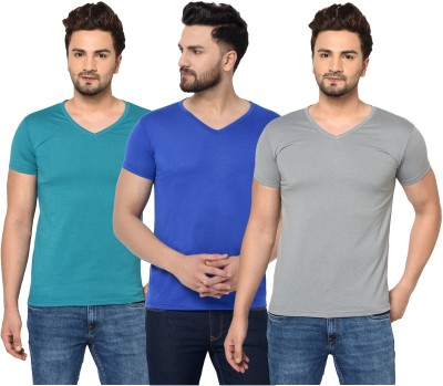 Unite Wear Solid Men V Neck Light Blue, Blue, Grey T-Shirt