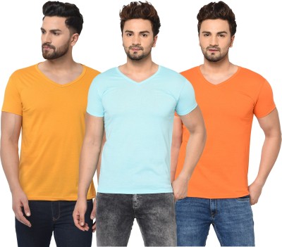 Adorbs Solid Men V Neck Light Blue, Orange, Yellow T-Shirt