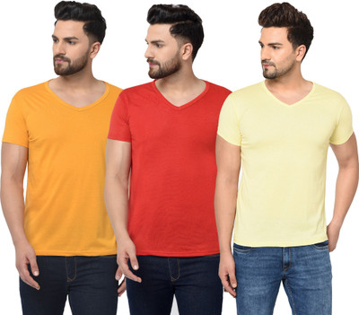 Jangoboy Solid Men V Neck Red, Orange, Yellow T-Shirt