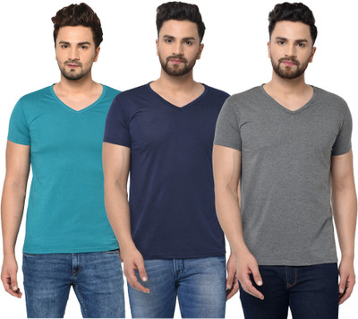Jangoboy Solid Men V Neck Blue, Grey T-Shirt