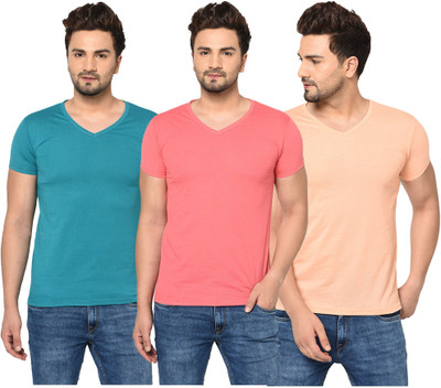 Jangoboy Solid Men V Neck Blue, Pink, Beige T-Shirt