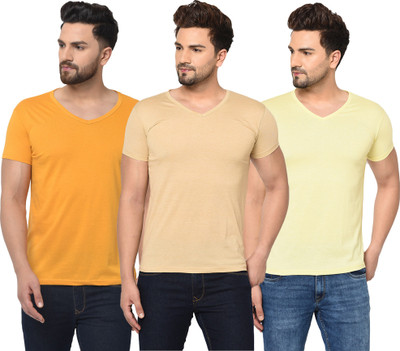 Unite Wear Solid Men V Neck Beige, Yellow T-Shirt