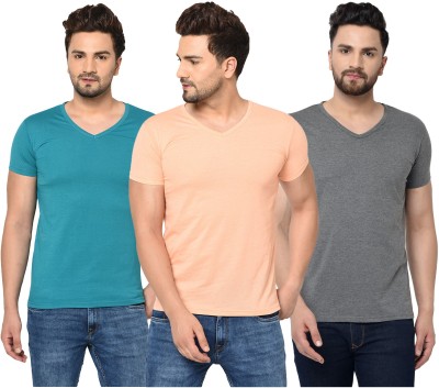 Jaskart Solid Men V Neck Light Blue, Beige, Grey T-Shirt