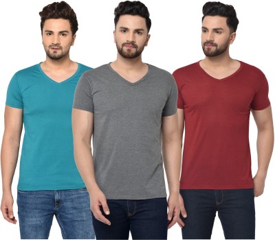 Jaskart Solid Men V Neck Maroon, Blue, Grey T-Shirt