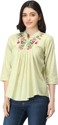 STYLZINDIA Casual Embroidered Women Light Green Top