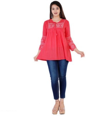 molisha Casual 3/4 Sleeve Embroidered Women Pink Top
