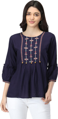 Shoppy Assist Casual Embroidered Women Dark Blue Top