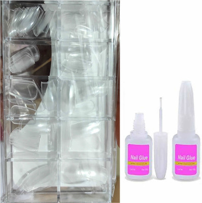 LikeUp Regulars used 100 tips silicon made transparent finger nail with 10 ml brush glue Transparent(Pack of 100)