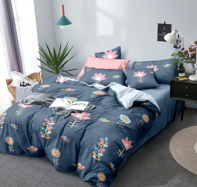 kanaks 144 TC Polycotton Queen Floral Flat Bedsheet(Pack of 1, Blue)
