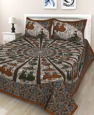 ARCZEN Cotton Double Flat 151 TC Jaipuri Prints Bedsheet(Pack of 1, Brown)