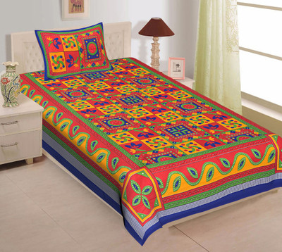 Ubania Collection 140 TC Cotton Single Jaipuri Prints Flat Bedsheet(Pack of 1, Blue)