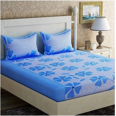kumar creation 200 TC Cotton Queen Floral Flat Bedsheet(Pack of 1, Blue)