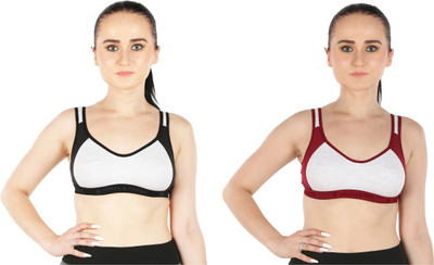 Clodiary New fashion (Double layer - Durable Elastic- Double-Stitched Cotton) Pack of 2 Women Sports Non Padded Bra(Maroon, Black, White)