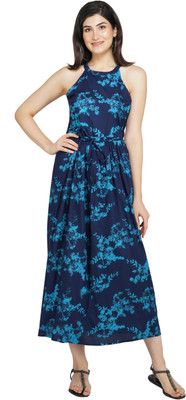 MEERANSHI LIVING Women Fit and Flare Blue Maxi/Full Length Dress