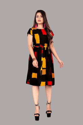 tanvi creation Women Fit and Flare Black, Yellow Dress