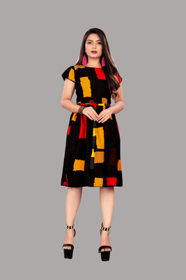 Hiral Creation Women Fit and Flare Red, Yellow, Black Knee Length Dress