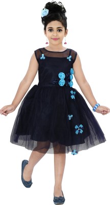 Chandrika Girls Below Knee Party Dress(Dark Blue, Sleeveless)