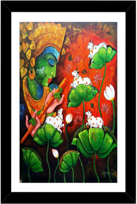 CRAFTSCORNER KRISHNA PAINTING | KRISHNA PAINTING WITH FLUTE | KRISHNA PAINTING WITH BANSURI |KRISHNA PLAYING FLUTE WITH COWS | Digital Reprint 20 inch x 14 inch Painting(With Frame)