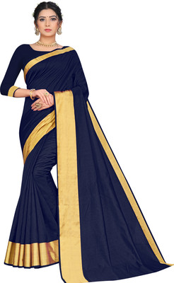 BAPS Self Design, Woven, Embellished, Solid/Plain Bollywood Cotton Blend, Art Silk Saree(Dark Blue)