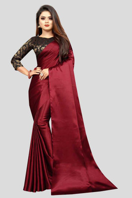 Amiga fashion Solid/Plain Bollywood Satin Saree(Maroon)