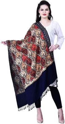 Braid N Cord Polyester Wool Blend Embroidered Women Shawl(Dark Blue)