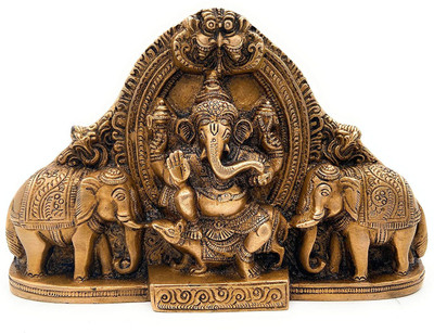 Chhariya Crafts Metal Wall Hanging Ganesh Sitting On Rat Idol with Elephant Pair Decorative Showpiece  -  12 cm(Metal, Gold)