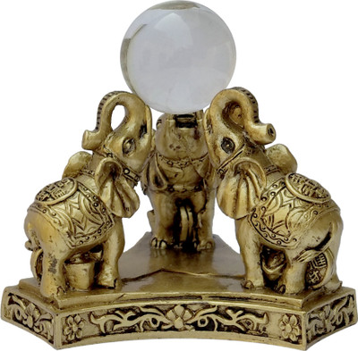 9tees Mart / Vastu / Feng Shui / Triple Elephent With Crystal Ball For Wish , Wealth, Happyness & Prosperity Decorative Showpiece  -  9 cm(Polyresin, Gold)