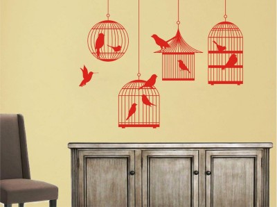 sp decals 90 cm abstract red colour decorative birds cages flying bird wall sticker for home decor (pvc vinyl covering area 90cm X 70cm) Reusable Sticker(Pack of 1)
