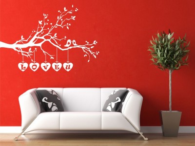 Burhani Decor 90 cm abstract tree leaves loveing birds white colour wall sticker for home decor (pvc vinyl covering area 90cm X 60cm ) Magnetic Sticker(Pack of 1)