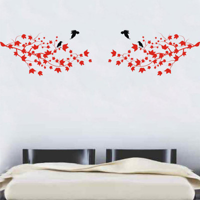 Byte Studio 58 cm abstract red colour decorative leaves flying birds wall sticker Reusable Sticker(Pack of 1)